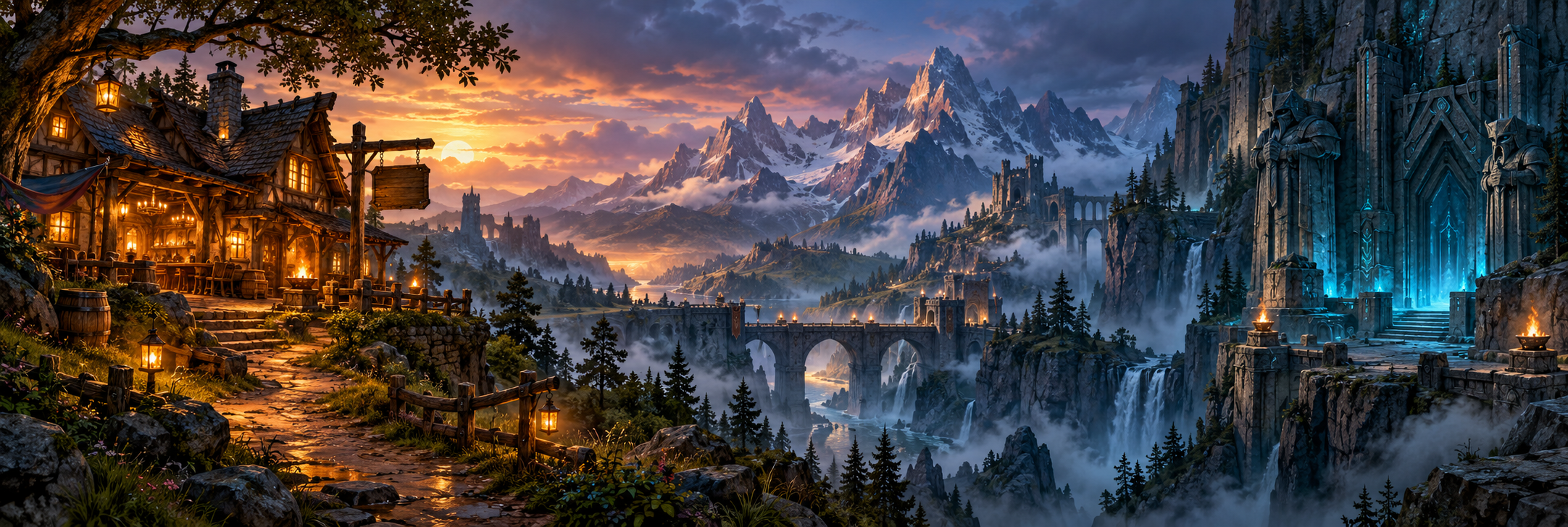 Original fantasy landscape with a cozy tavern, mountain bridges and a glowing dungeon entrance.