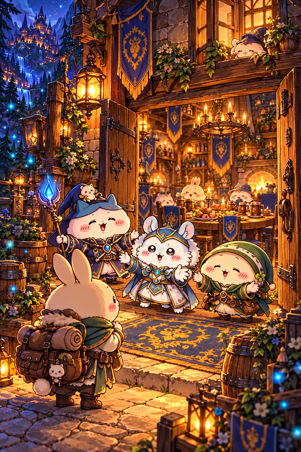 Cute fantasy adventurers welcome a new traveler into their guild tavern.
