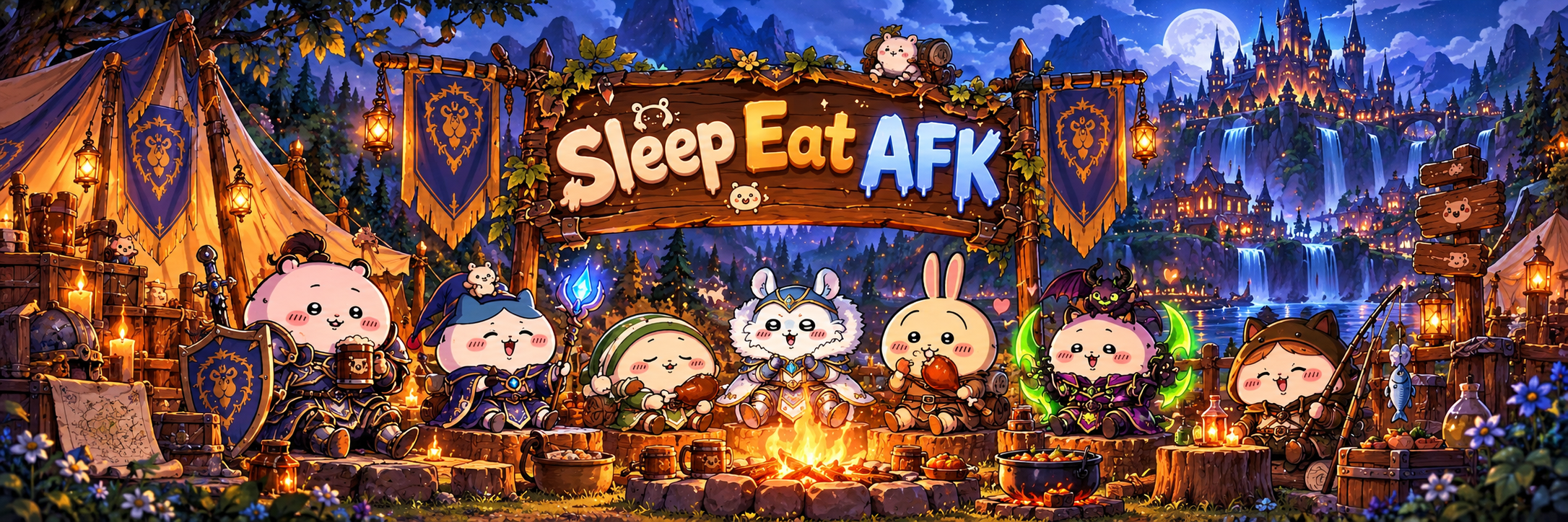 Sleep Eat AFK adventurers gathered around a campfire under their guild sign.